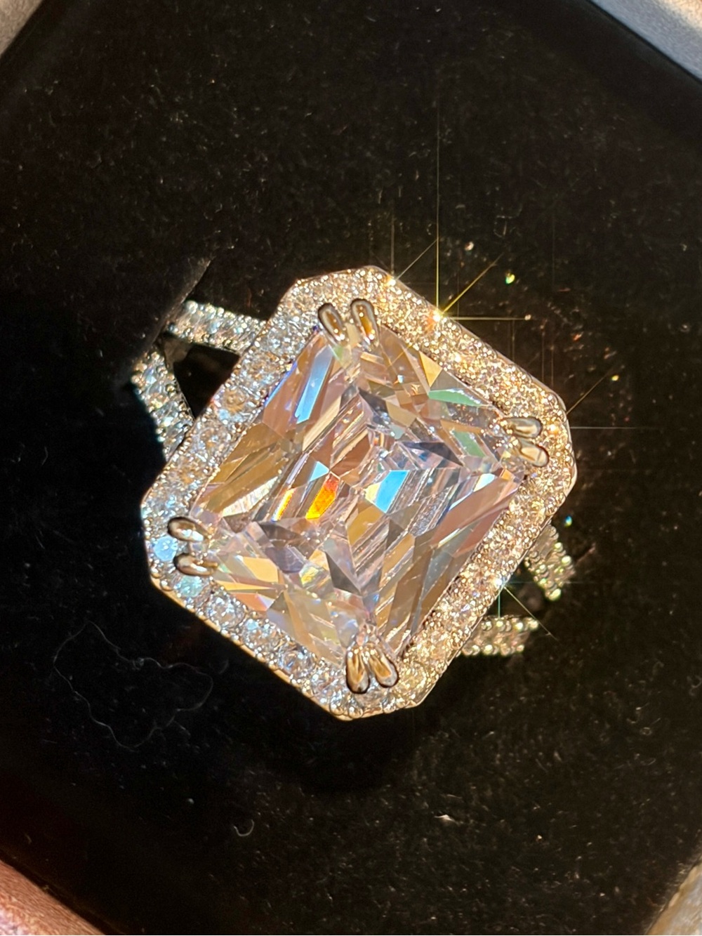 New HUGE Radiant Cut Cubic Zircon Halo Engagement Cocktail Ring in 7